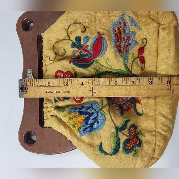 Womens Purse Wooden Handle Flower Embroidery Sewing Knitting Vintage Handbag - Picture 8 of 9